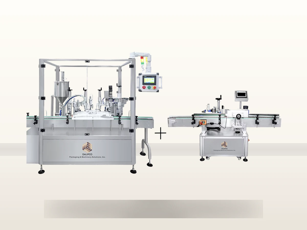 Precision rotary filling and capping machine undergoing cleanroom calibration and testing by Dalipco engineers